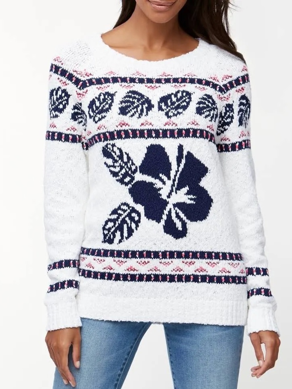 Tommy Bahama White Crewneck Sweater with Navy Floral and Pink Trim